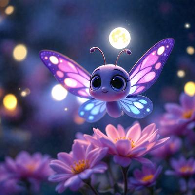 The primary subject of the image is a small, colorful butterfly with a smiling face. It is perched on a purple flower, which is the main object in the scene. The setting is a garden, with a night sky visible in the background. The visual style is a combination of digital art and illustration, creating a whimsical and charming atmosphere. The dominant colors are purple and blue, with the butterfly being predominantly purple and the flower being predominantly purple as well.